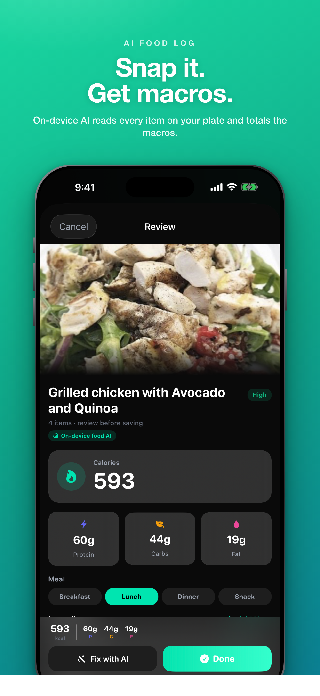 Fat2Fit AI food log — instant macros from a photo